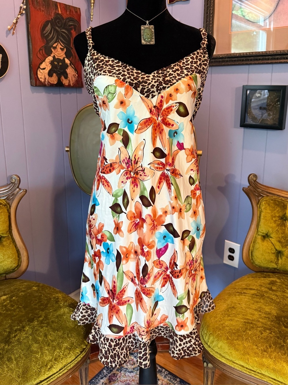 Vintage Y2K Valerie Stevens Floral And Leopard Print Slip Dress Size M/L